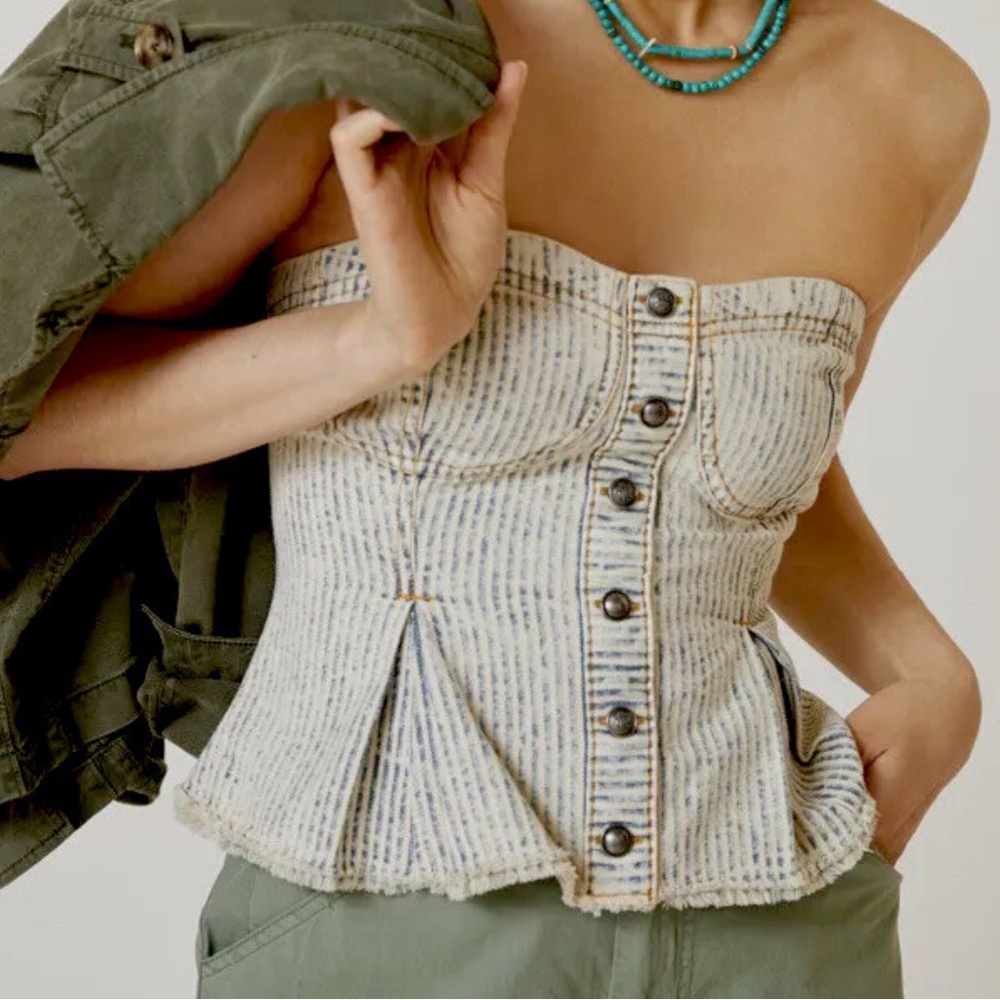 Anthropologie NEW Pilcro Stripe Denim Peplum Corset Small Petite Button Accents